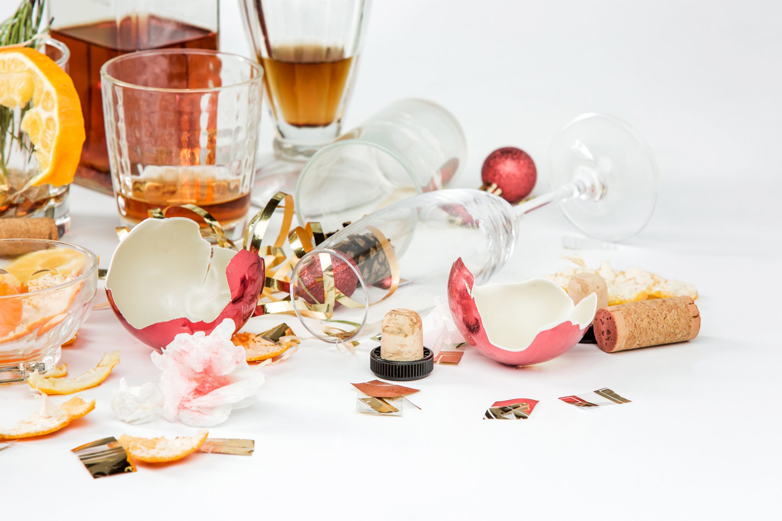 The morning after christmas day, table with alcohol and leftovers