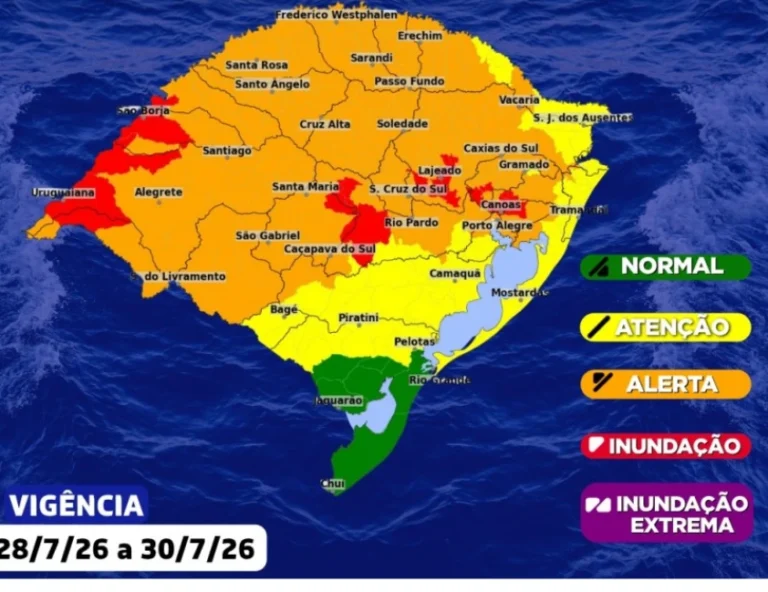 Defesa Civil alerta para tempestades com granizo, ventos acima de 100 km/h e risco de novas inundações no RS