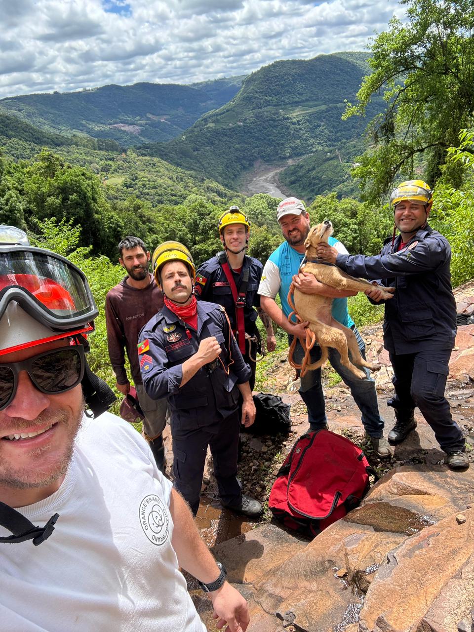 Bombeiros resgatam cadela Kiara presa em penhasco usando cordas e drones em Bento Gonçalves.