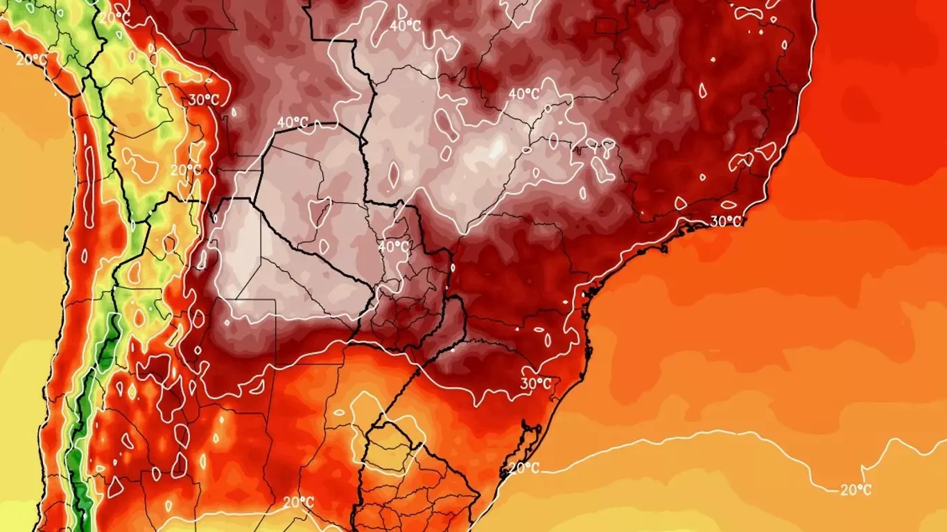 Mapa meteorológico indicando calor e possibilidade de chuva isolada no Rio Grande do Sul