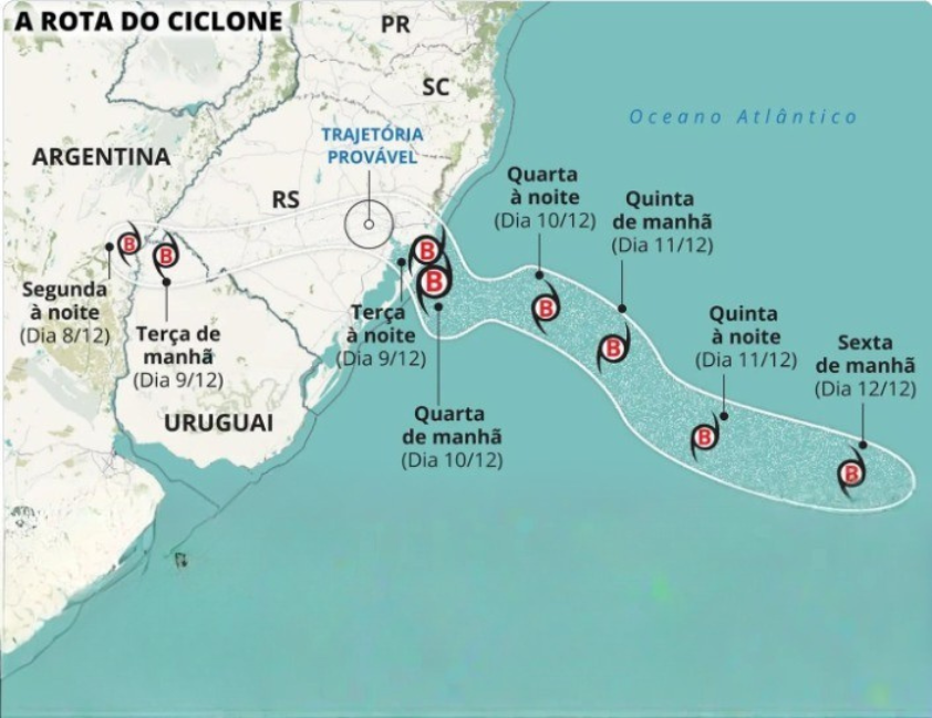 Mapa mostrando a rota prevista do ciclone sobre o Rio Grande do Sul e áreas de maior risco de vento"