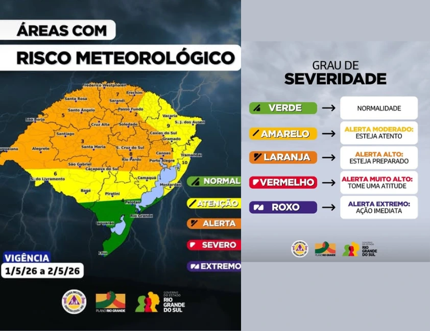 Tempestades com granizo e vento acima de 90 km/h atingem o RS entre 1º e 2 de maio
